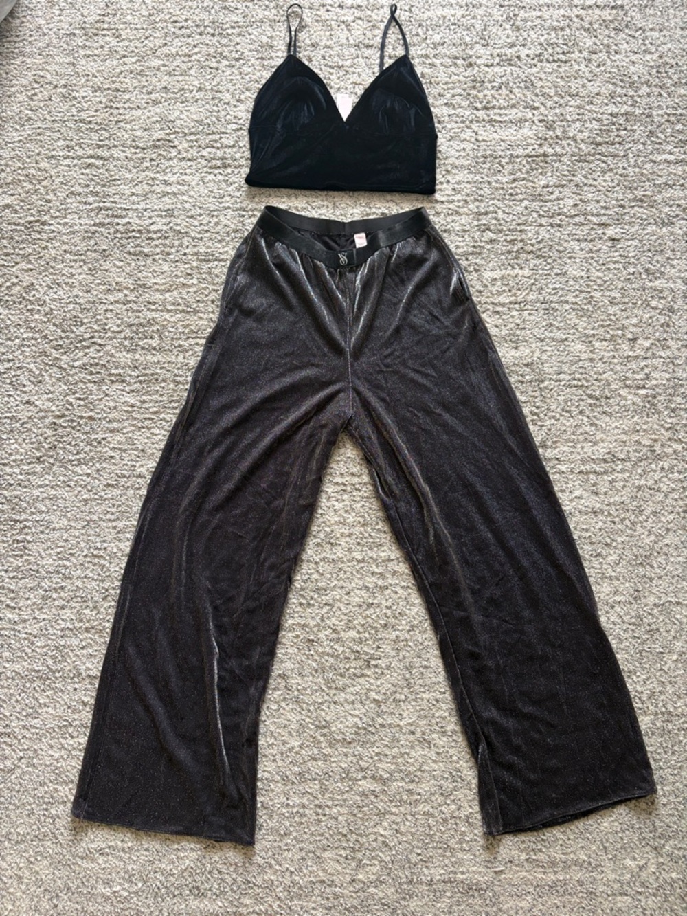 Black Velvet Bralette and Wide-Leg Pants PJ set Set